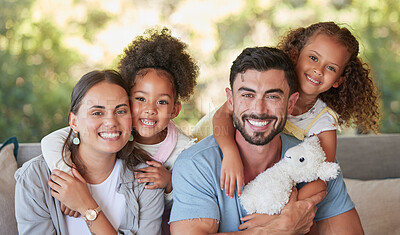 Buy stock photo Family, mother and father with foster children hugging in a happy portrait together love sharing quality time together. Girls, dad and mom are proud adoption parents of cute kids enjoying the weekend