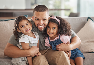 Buy stock photo Happy father, children and bonding family of little girls relaxing with smile together on sofa at home. Portrait of dad and daughters smiling in happiness for loving relationship relaxed on couch