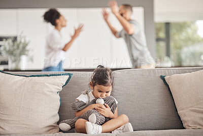 Buy stock photo Depression, stress or child trauma for girl with teddy bear on living room sofa and listening to fight, scream or shouting parents. Burnout, anxiety or mental health kid with divorce father or mother