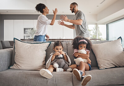 Buy stock photo Angry parents, sad kids and divorce couple in living room from problem, family conflict and breakup. Man fight, woman argument and young girl children fear, scared and anxiety from emotional trauma