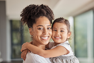 Buy stock photo Family, love and bond of mother and daughter sharing a hug, happiness and having fun on mothers day in their puerto rico home. Portrait and smile of woman and foster girl child bonding after adoption