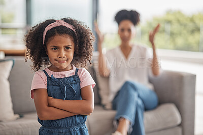 Buy stock photo Fight, family and angry mother and child in conflict, argument or disagreement in home living room. Frustrated, ignore and black family problem for mom, youth kid or girl in unhappy mood