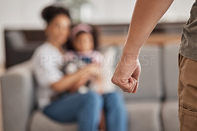 Buy stock photo Man, fist and domestic abuse of family, woman and child on home or house living room sofa. Zoom, hands and angry father or parent ready to fight in violence and anger with scared, adhd or autism kid 