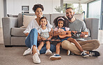 Family, children and music learning guitar, in home living room and fun together. Black family, teaching and instrument with girl kids on floor of lounge in house with ukulele, love and education