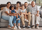 Portrait family, children relax and grandparents on happy on living room sofa in house during retirement. Mother, father and young girl kids on couch with smile and elderly people for quality time