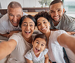 Crazy selfie, portrait family and grandparents being funny with love for children on the living room sofa in house. Girl, mother, father and senior people taking photo with comic face in home