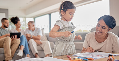 Buy stock photo Happy family, child and grandmother bonding in and drawing a picture in living room, happy and relax. Love, kids and family time with girl enjoying art activity with her grandparent on in their home