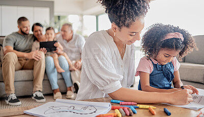 Buy stock photo Mother helping child drawing with family, teaching and home education for knowledge or creativity development. Black woman mom and kindergarten girl kid with color crayons and book activity together