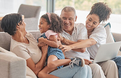 Buy stock photo Big family, love and support while playing with child and using laptop to watch on internet while on home sofa with parents and grandparents in brazil. Happy man, women and girl kid together to bond 