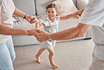 Happy family, child and playing circle game while bonding, fun and holding hands with energy, happiness and joy with energetic asian girl. Kid, play and support with man and woman doing dance at home