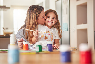 Buy stock photo Mother, child and painting art in home using paint brush for creative activity for learning, bonding and love between mom and daughter. Woman or parent give girl kid kiss for creativity in USA house