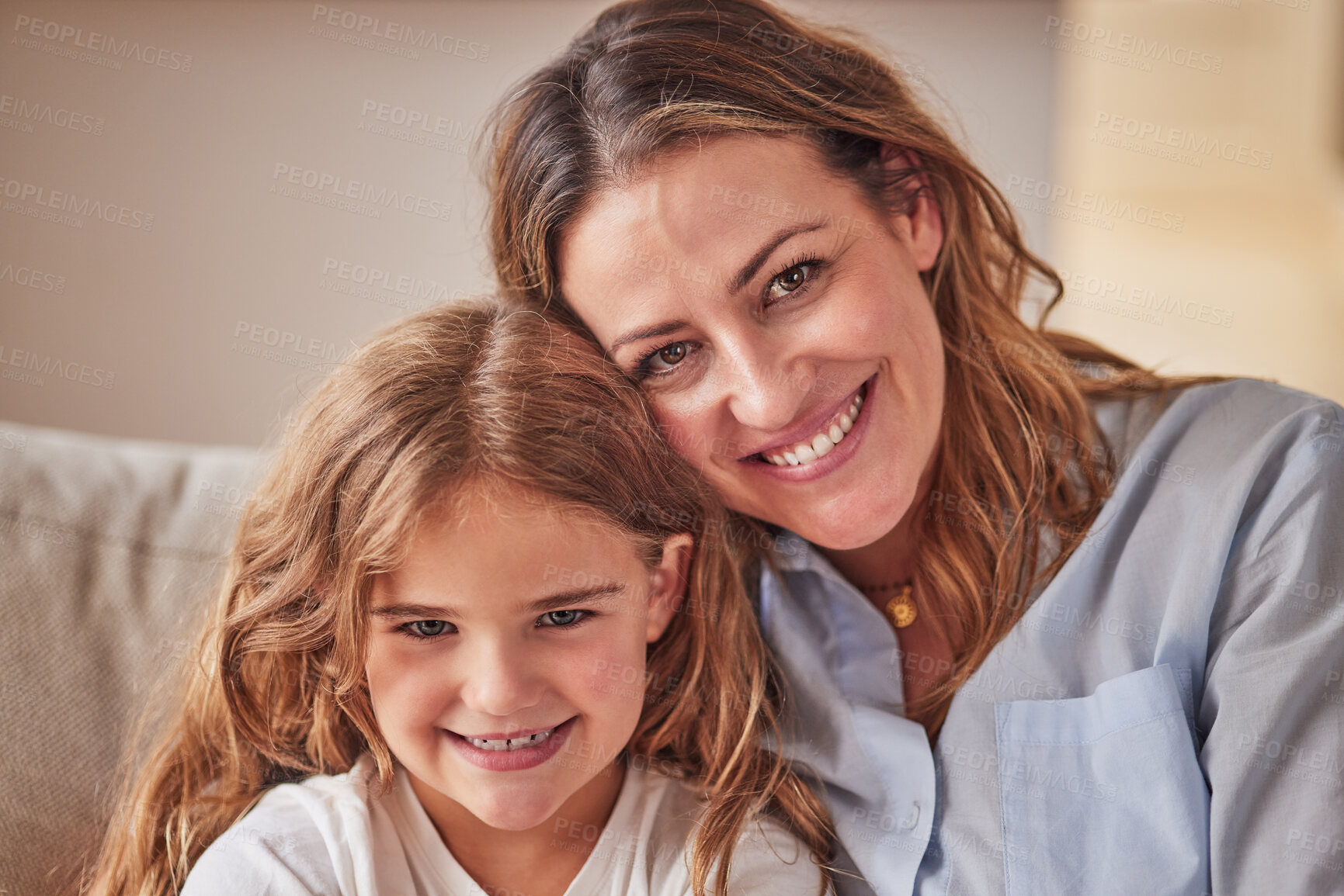 Buy stock photo Smile, mother and child in portrait as a happy family at home enjoying quality time, bonding and weekend together. Kid, happiness and young girl relaxing with a caring, lovely and single parent mom 