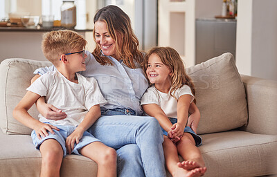 Buy stock photo Happy kids, mom and mothers day in living room sofa, love and relaxing together in Australia family home. Young children, smile parent and happiness, quality time and care on lounge couch for fun