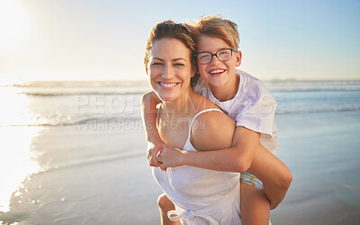 Buy stock photo Mother and child on beach with sunshine, ocean waves for summer holiday with kid wellness, love and care. Happy, mom playing with disability kid support piggyback ride and vacation outdoor portrait