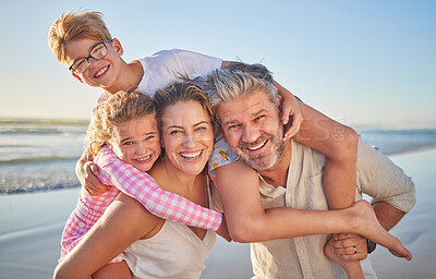 Buy stock photo Family, beach and happy kids with quality time together on a summer vacation travel in the sun. Happiness of mother, man and children portrait in sunshine with a smile, hug and fun in nature