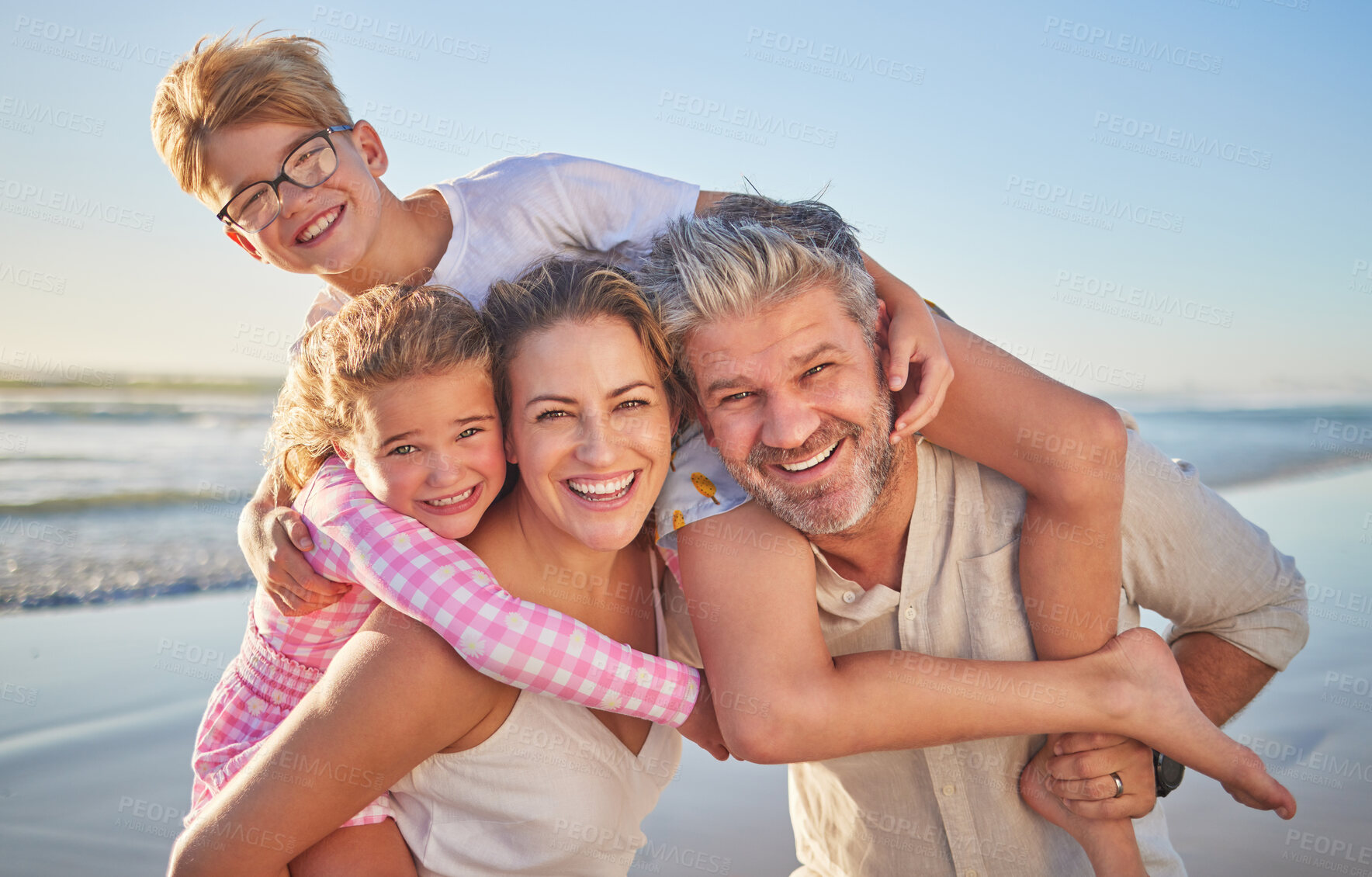 Buy stock photo Family, beach and happy kids with quality time together on a summer vacation travel in the sun. Happiness of mother, man and children portrait in sunshine with a smile, hug and fun in nature