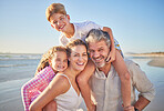 Travel, love and beach portrait with happy family on summer vacation, bonding and playing on ocean holiday. Freedom, nature and children looking excited with parents, embracing and laughing together