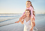 Beach walk, child smile and mother happy on holiday by the sea in Australia during summer family travel. Portrait of a young girl and mom walking in water on vacation in nature to relax with mockup