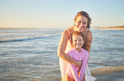 Buy stock photo Mother, child and ocean smile in water, happy and fun time together on family vacation by the sea. Woman, girl and beach playing in waves and show happiness while on holiday or travel to Miami