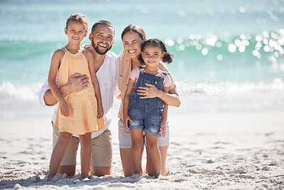 Buy stock photo Family beach, children travel and parents on holiday with kids in the Maldives during summer together. Portrait of young girl siblings happy on sea vacation by the ocean with mother and father