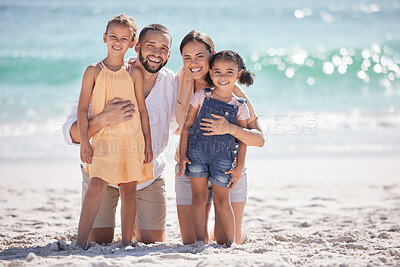 Buy stock photo Happy family, travel with children and beach vacation fun with caring parents to bond and love while traveling on summer holiday in puerto rico. Portrait of man, woman and girl kids on tropical trip
