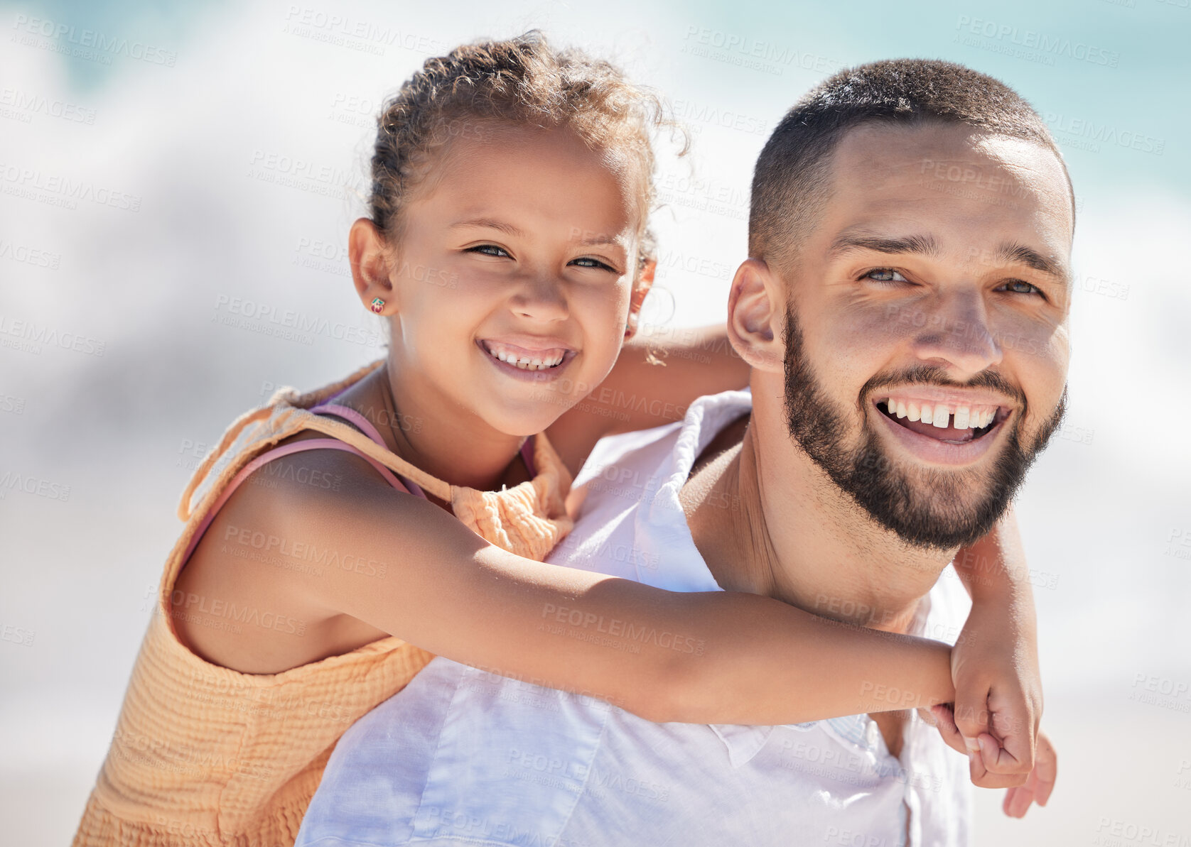 Buy stock photo Beach, smile and portrait of father and child bonding and having fun while on summer holiday. Happy, care and man carrying his girl kid in nature by ocean or sea while on family vacation in mexico.