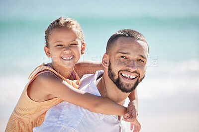 Buy stock photo Father, girl or bonding in fun beach game by Mexico ocean or sea for summer family holiday. Portrait, smile and happy man or parent carrying daughter, kid or child playing in nature water environment