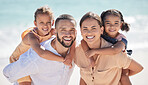 Parents, children and beach, happy and together for fun on vacation as family in sunshine by the sea. Mom, kids and dad by the ocean, smile by water and show happiness on holiday or travel in summer