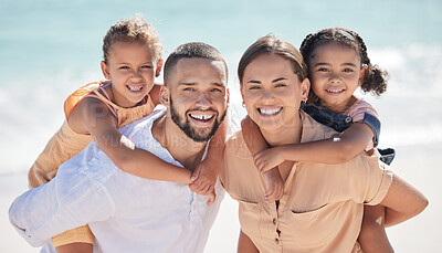 Buy stock photo Parents, children and beach, happy family together for fun on vacation in sunshine by the sea. Mom, kids and dad by the ocean, smile by water and show happiness on holiday or travel in summer