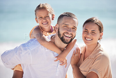 Buy stock photo Family beach, child travel and parents happy on holiday by the tropical water on Island in Costa Rica during summer. Portrait of a mother, father and girl with smile on vacation by the ocean