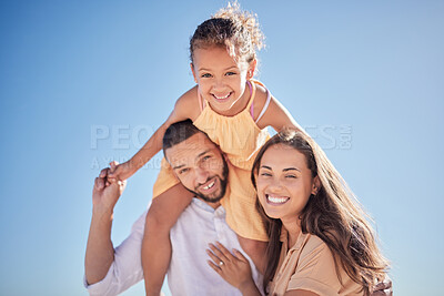 Buy stock photo Happy, love and freedom with family against the blue sky together for relax, support and care. Smile, summer and girl on father shoulders with mother in the outdoor for lifestyle, youth and nature