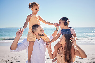 Buy stock photo Beach, travel and happy family, vacation with kids and Brazil holiday or summer trip. Love, foster parents and girls, mom and dad spending time together on ocean, sea or sandy shore care and bonding.