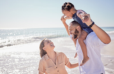 Buy stock photo Beach holiday, mother and father with girl bonding in fun game by Costa Rican ocean or sea for summer. Smile, happy and playful man, woman or parents carrying family daughter, kid or child in nature