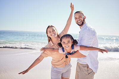 Buy stock photo Portrait of a happy family play on beach vacation and having fun together in Cancun. Parent, child and fun in summer holiday at the ocean with a smile, love and laugh during international travel