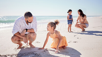Buy stock photo Summer, happy family and beach fun with children and parents bonding in nature, playing in sand and relax. Love, travel and excited kids enjoy freedom with mother and father, ocean vacation in Mexico