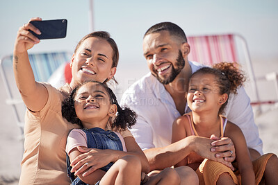 Buy stock photo Selfie, phone and happy family at summer beach holiday enjoy vacation travel together on Hawaii ocean sand. Mother, father and girl children with smartphone photography smile, joy and excited in Bali