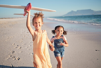 Buy stock photo Toy airplane, beach and children running with a happy, sun and joy mindset in the nature sun. Kids, girls and siblings playing in the summer sunshine together with a smile, happiness and fun time