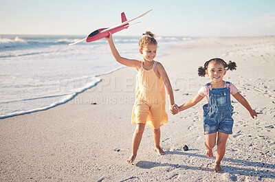 Buy stock photo Beach, plane and happy with children running on Cancun holiday for summer, travel or family. Freedom, support and smile with young girl and sisters holding hands for relax, friends and ocean vacation