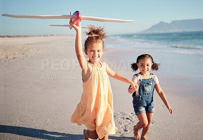 Buy stock photo Children, beach vacation and travel with happy girl sisters or siblings flying airplane toy running by seaside for fun activity with energy. Portrait of kids on tropical family holiday in costa rica