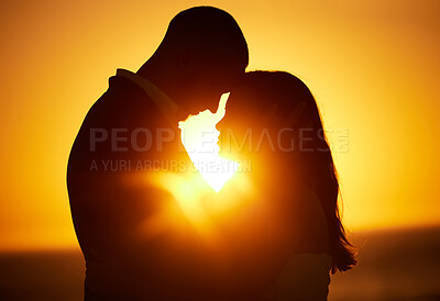 Buy stock photo Silhouette, sunset and couple on honeymoon love bonding, hugging and enjoying quality time together in Los Angeles. Romantic woman and partner on holiday vacation in a dark night on Valentines day