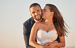Wedding, bride and groom kiss portrait in romantic sunset ceremony to celebrate marriage in Mexico. Care, love and passion of married Mexican man and woman at celebration together with dusk sky.