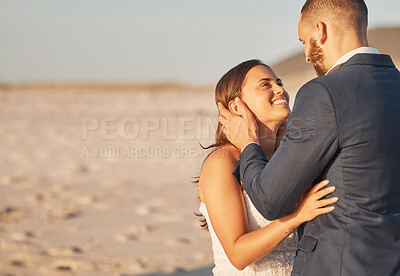 Buy stock photo Love, wedding and bride and groom embrace in celebration of marriage at outdoor venue. Nature, field and couple looking happy and smiling, hug and enjoy relationship with romantic affection and care
