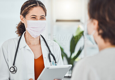 Buy stock photo Covid, tablet and doctor consulting patient, woman or girl about test results, medicine or health. Healthcare worker, hospital employee or medical expert with safety mask talking to clinic client