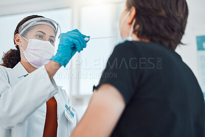 Buy stock photo Covid doctor, swab and coronavirus test on patient in hospital for healthcare and medical insurance while wearing face mask for safety and protection. Female gp taking from woman for virus in clinic