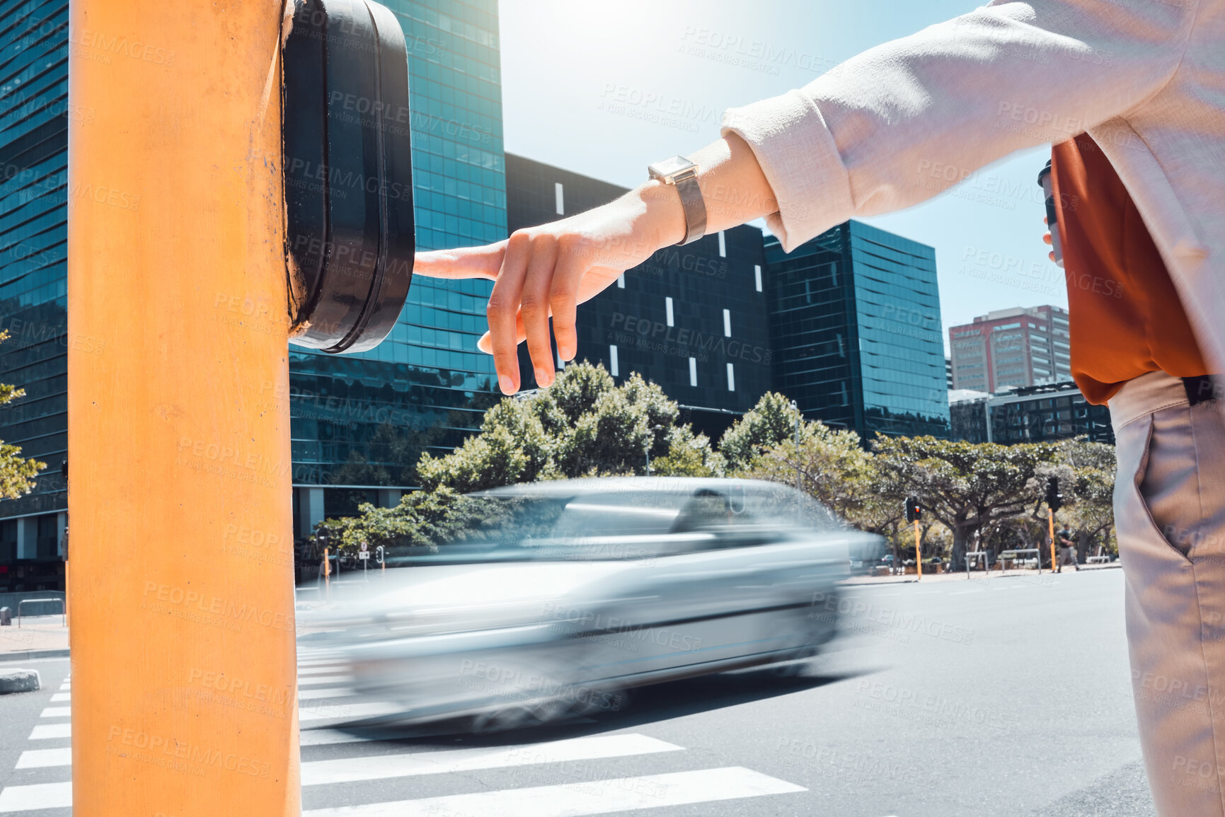 Buy stock photo Woman hand pressing a traffic light button at a pedestrian crossing on the urban city street. Outdoor crosswalk, road and business employee walking, commuting or traveling to work in the town.