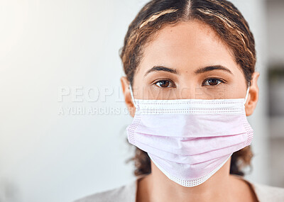 Buy stock photo Face mask, woman or covid compliance portrait with motivation vision to stop global danger virus in Mexico. Zoom, headshot or people and coronavirus medical healthcare safety in immigration building 