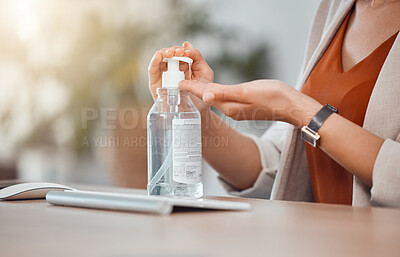 Buy stock photo Business woman hands sanitizer, covid hygiene and office protocol for healthcare safety, corona virus protection and cleaning compliance. Responsible work disinfection of germs, bacteria or flu risk
