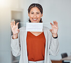 Covid, face mask and happy woman holding a medical and corona safety product. Covid 19, instruction and healthcare coach woman with a happy smile portrait  teaching how to use health care masks 