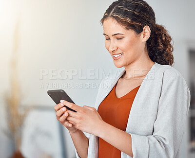 Buy stock photo Email check, phone and business woman, secretary or personal assistant review digital company schedule. Professional worker, corporate employee or social media expert update online marketing app