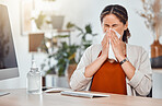 Blowing nose, flu and sick covid businesswoman working in modern office pandemic, allergy symptoms and tissue sneeze. Female employee cold health problems, sinusitis and corona virus bacteria risk